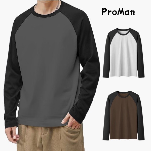 ⚡ProMan⚡แขนยาวสีประกบสำหรับผู้ชาย  คอกลม  ไหล่ตรง  สันทนาการ  ความเรียบง่าย  รุ่นบาง
