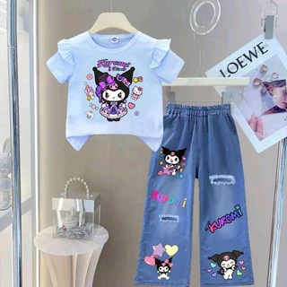 Pinkชุดตามกระแส ชุดเซ็ทเด็ก เสื้อแขนปีกนก+กางเกงยีนส์เทียม (ผ้าฝ้ายโพลี)