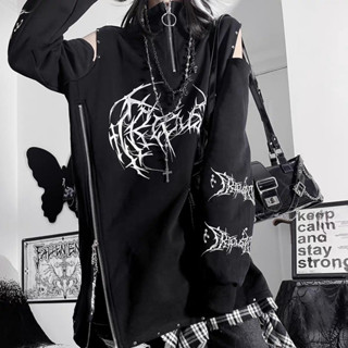 วัฒนธรรมเอเชียพิมพ์ลายสีเข้มสองมิติพังก์แขนยาวหลวมสไตล์ BF เ…