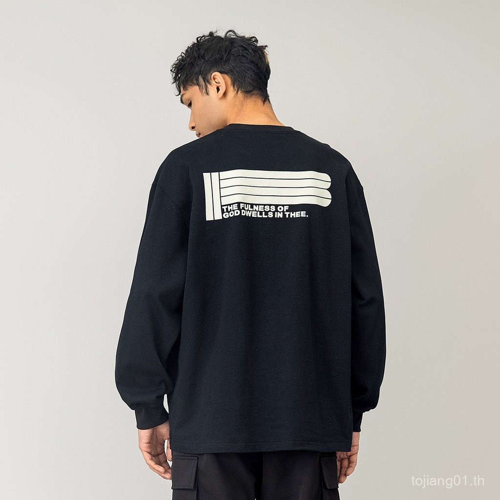 FOH สไตล์อเมริกันแห่งชาติอินเทรนด์พิมพ์ตัวอักษรรอบคอแขนยาวเสื้อยืดผู้ชายหลวมด้านใน Bottoming เสื้อ T