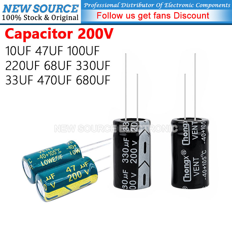 [1-20 ชิ้น] 200V 10UF 47UF 100UF 220UF 68UF 330UF 33UF 470UF 680UF ตัวเก็บประจุอลูมิเนียมอิเล็กโทรลี