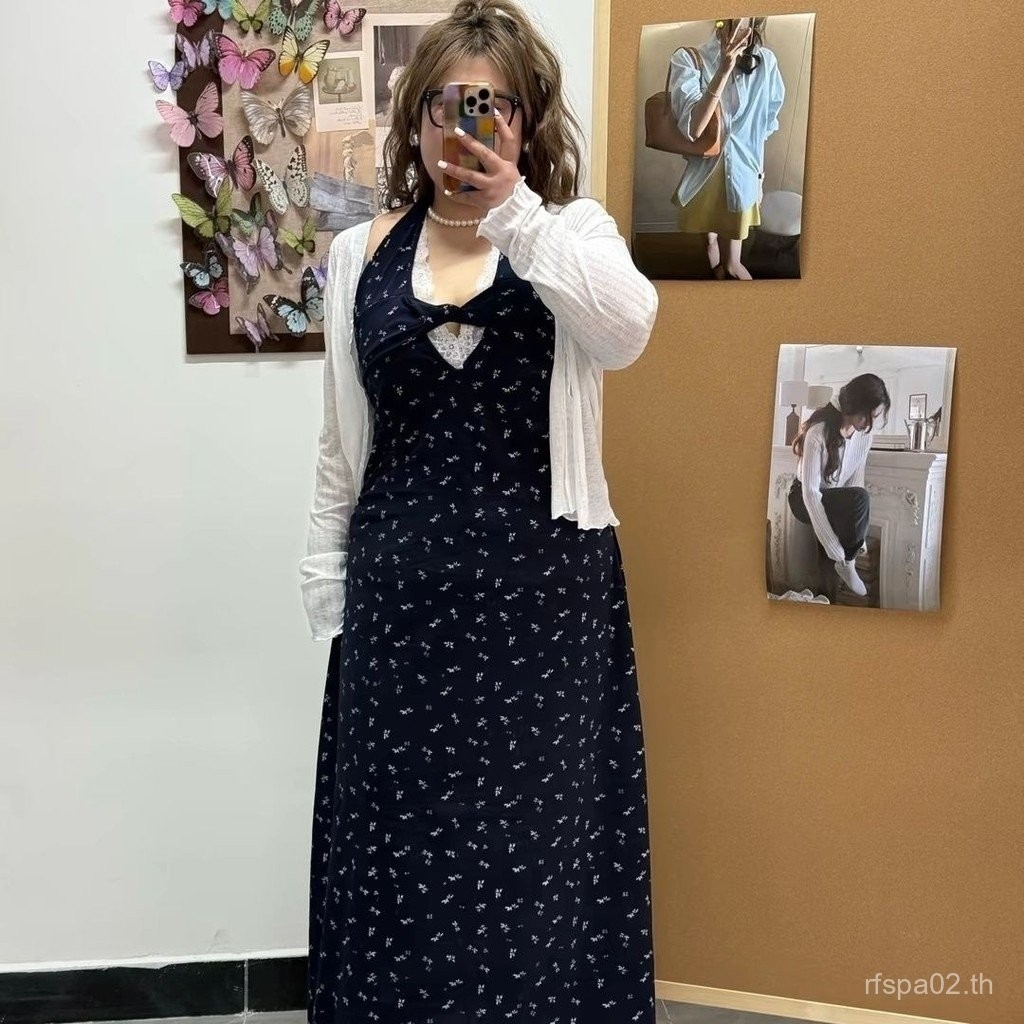 ขนาดใหญ่ขนาดชุดสลิงผู้หญิงฤดูร้อน2025 ดอกไม้ภาษาฝรั่งเศสคํา เปลี่ยนแปลง คอแคบเอว ผอมลง ดูกระโปรงยาว 