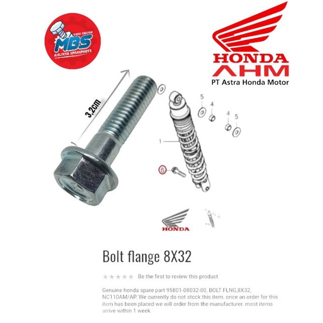 BOLT FLANGE M8 32 mm 95801-08032-00 REAR SHOCK BOLT HONDA PCX ADV VARIO. 3.2ซม. LONG SHOCKBLEKR BOLT