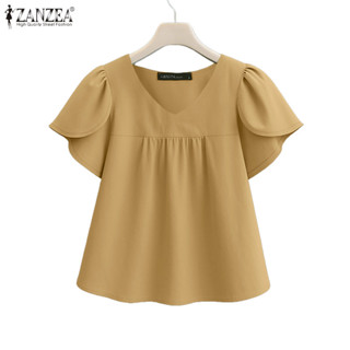 ZANZEA เสื้อเบลาส์สไตล์เกาหลี อีเลิร์จنس V-neck แขนพอง พลีตส…