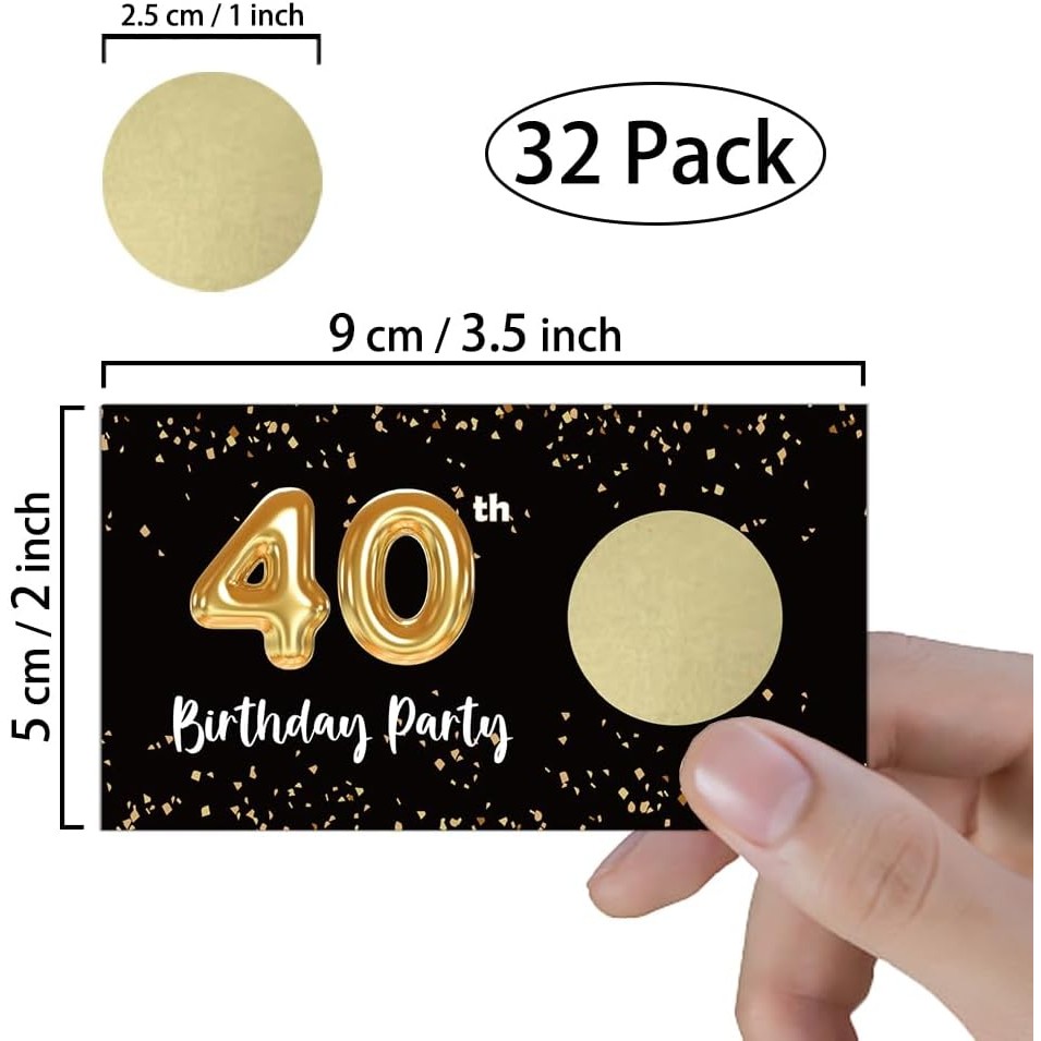 REWIDPARTY ผู้ใหญ่ 40th Birthday Party Scratch Off การ์ดเกม (32 ชิ้น) สีดําทองวันเกิด 40th Scratch O