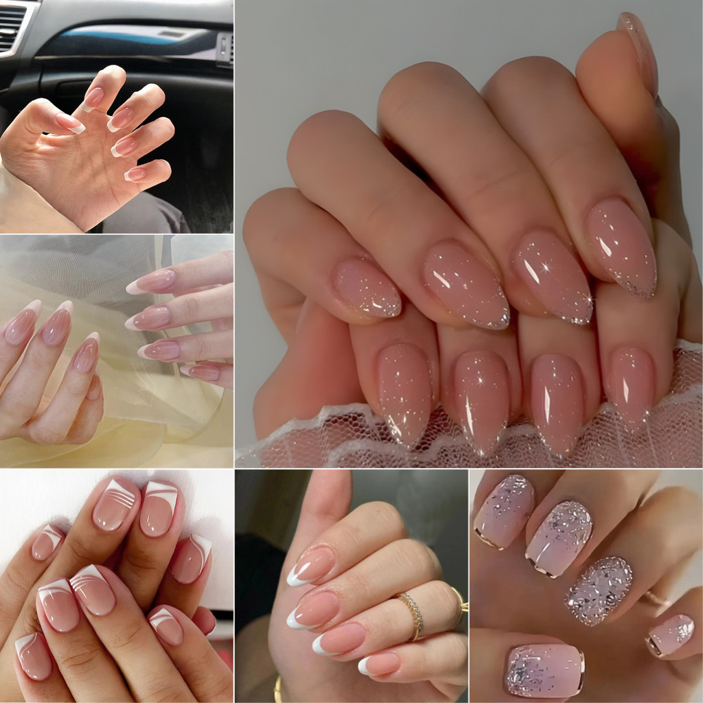 French Style24ชิ้นเล็บปลอมชุดเล็บปลอมเล็บยาวเล็บปลอมชุดกาวเยลลี่