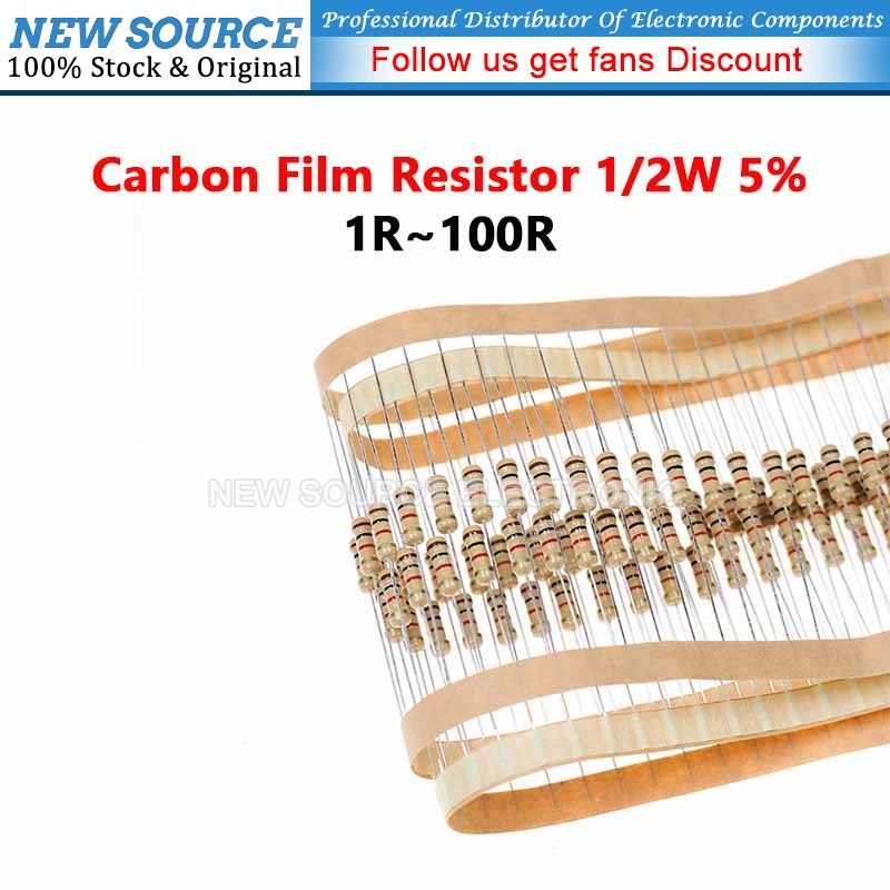 [100 ชิ้น] ตัวต้านทานฟิล์มคาร์บอน 1/2W 5% 1R 100R 10R 4.7R 2.2R 1.5R 22R 47R 5.1R 68R 2R Ohm Resistance