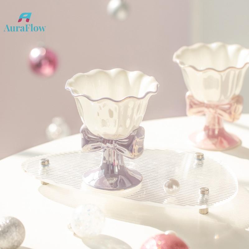 AuraFlow 180ml Bowknot เซรามิคไอศกรีมถ้วยประณีตขนมหวานถ้วยนมแก้ว Drinkware Photo Props ของขวัญวันเกิดสาวของขวัญ Party Favors ใหม่