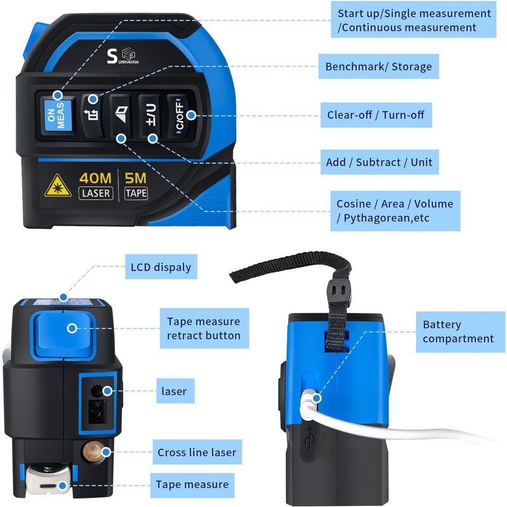 เทปวัดเลเซอร์ 4 in 1, เลเซอร์ครอสแฮร์ | 130ft/40m เครื่องวัดระยะเลเซอร์จอแสดงผลบนหน้าจอ LCD เรืองแสง