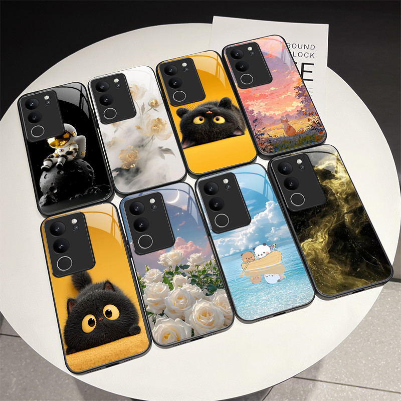 สําหรับ Vivo V29 Pro V 29 V29e V2317 V2250 V2251 ใหม่กระจกเทมเปอร์ปลอกน่ารักนักบินอวกาศสีสัน Sky Cat