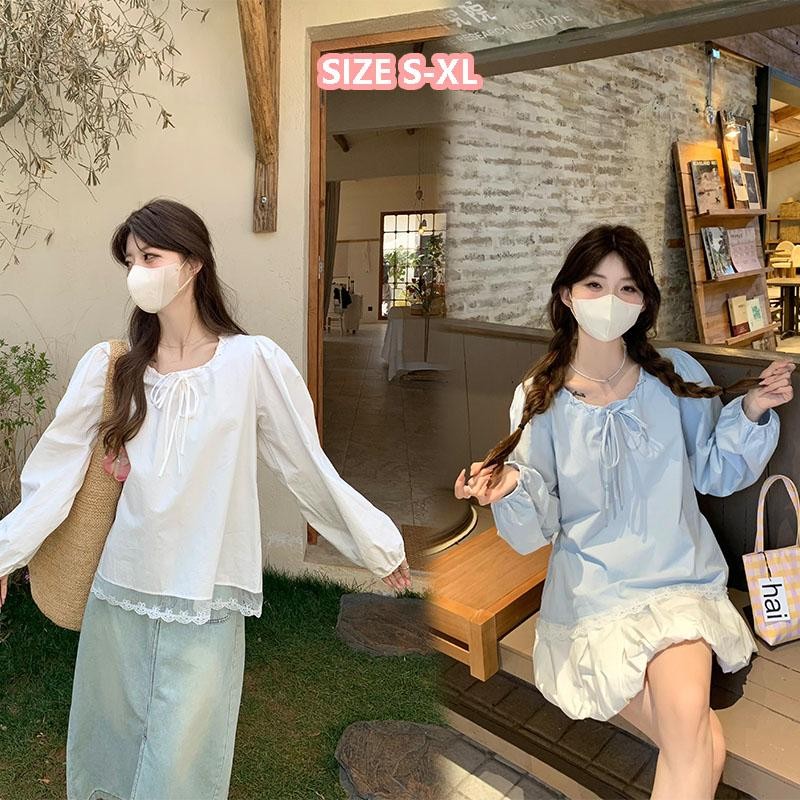 ohho เสื้อเชิ้ตแขนยาว เย็บลูกไม้ มีเชือกผูก สำหรับผู้หญิง ฤดูใบไม้ร่วง หลวม เสื้อฝรั่งเศสลดอายุที่ไม่ซ้ำใคร#w649