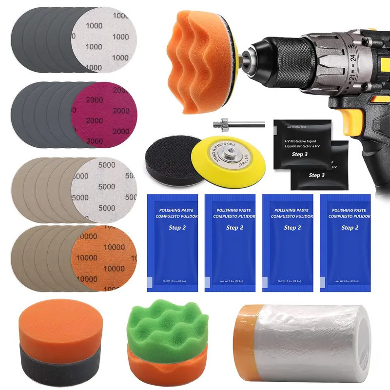 3 Inch Car Headlight Restoration Kit with Drill Buffing Sponge Polishing Pads Headlight Lens Cleaner