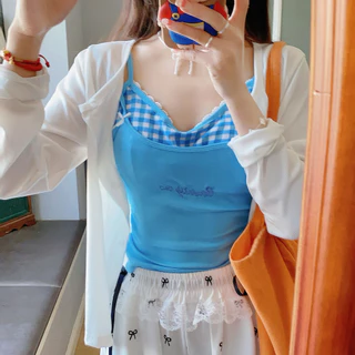 สายเดี่ยว ลายสกู๊อต มีฟองน้ำ2ชิ้นติดกัน เเขนกุด ปักอักษร น่ารักสดใส เสื้อสายเดี่ยวผู้หญิง FZ015