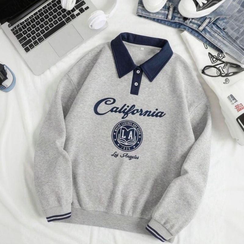 (S - 6XL) - เสื้อสเวตเตอร์คอปกโปโลขนาดใหญ่ (S - 6XL) CALIFORNIA LA Crewneck Collar Mix Two Tone Mens