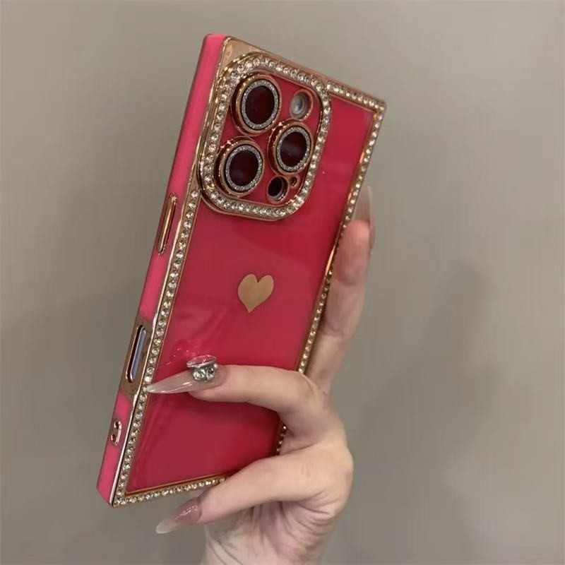 Advanced Diamond Electroplated Straight-Edge เคสโทรศัพท์รูปหัวใจสําหรับ iPhone 16/15/14/13 Pro Max & Plus | กันกระแทกป้องกันกล้องซิลิโคนปกหลัง