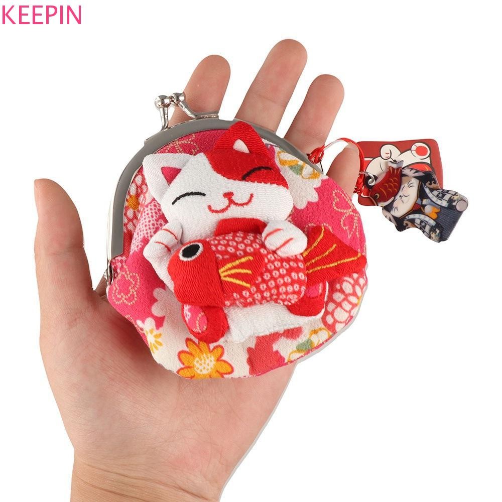 Keepin Maneki Neko กระเป๋าใส่เหรียญ,สไตล์ญี่ปุ่นดอกไม้พิมพ์ Lucky Cat กระเป๋าคลัทช์,กระเป๋าสตางค์ลําลองตุ๊กตา PU ผู้ถือบัตรผู้ชาย