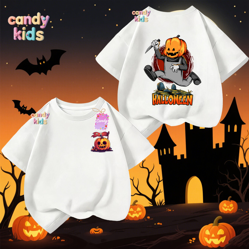 (จัดส่งตลอด 24 ชั่วโมง) Halloween เสื้อทีชฮาโลวีน เด็กๆ ยาวแขนสั้น สำหรับชายหญิง Happy Halloween #H7