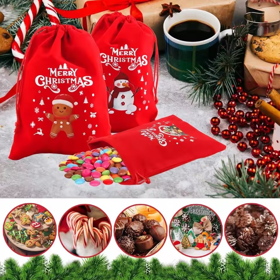 3/5/10 ชิ้น ถุงกํามะหยี่คริสต์มาสสีแดง / กระเป๋าหูรูดขนมซานต้า / ถุงของขวัญคริสต์มาสสุขสันต์วัน - รูปที่ 4