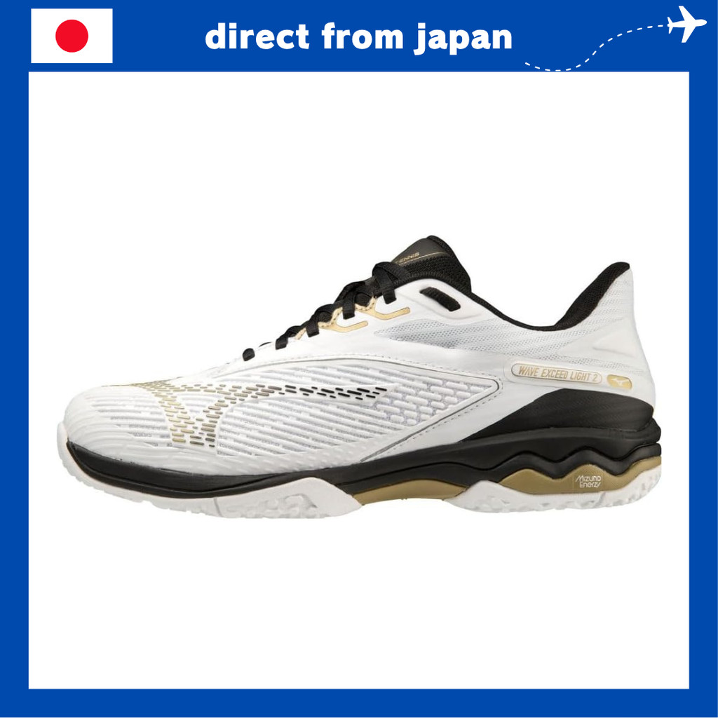 Mizuno Wave Exceed Light 2 OC Tennis Shoes – Lightweight, Super Wide, White/Gold/Black