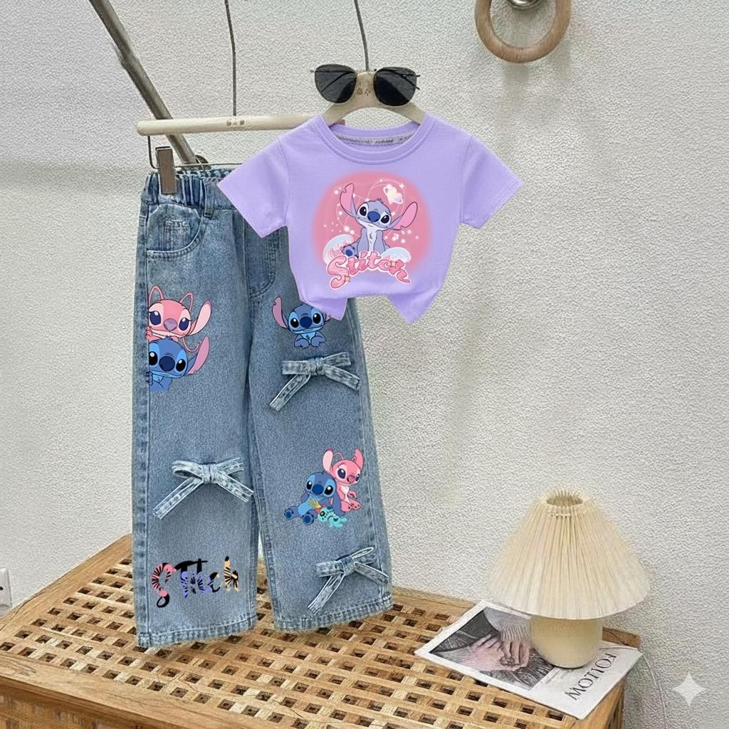 PINKชุดเซ็ทเด็ก เสื้อสกรีนลาย+กางเกงยีนส์แท้สกรีนลายแต่งโบว์