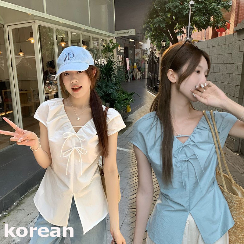 Dahong 💖 99200 เสื้อเชิ้ตแขนสั้น คอวี ทรงเข้ารูป   เสื้อผ้าแฟชั่นสไตล์เกาหลี สวมใส่สบายสำหรับฤดูร้อน S-XL