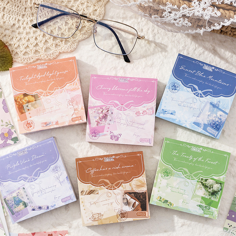 100 แผ่นทิวทัศน์ที่มีสีสัน Series Non-Sticky วัสดุกระดาษสําหรับ Scrapbooking Journal ตกแต่งนักเรียนแบบพกพา Memo Pad