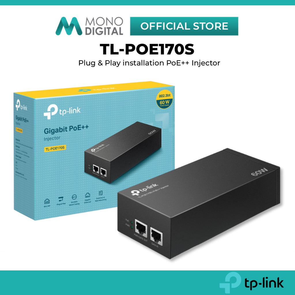 TP-LINK TL-POE170S 60W POE INJECTOR ADAPTER พร้อมปลั๊กและการออกแบบ PLAY, ติดผนัง, การออกแบบ DESKTOP 