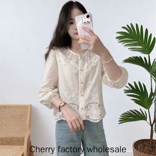 เสื้อผ้าแฟชั่นผู้หญิงใหม่ ผลิตจากผ้าฝ้ายแท้ปักลูกไม้ แขนยาว สไตล์เรียบหรู