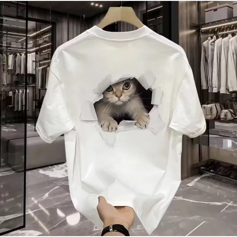 2025 Trendy Brand Cute Cat Print Round Neck Short Sleeve T-Shirt Loose Plus Size Couple Unisex Same 