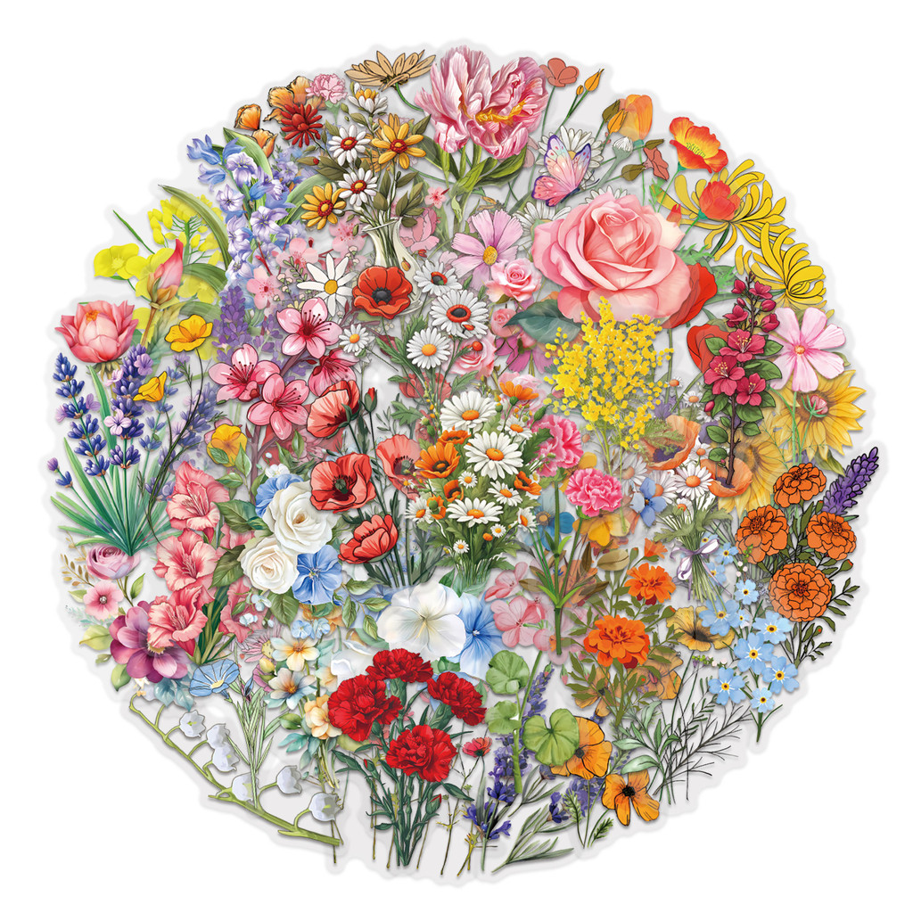 Ink Wash Flower Sticker Pack (60 ชิ้น) - กันน้ําโปร่งใส PET Journal อุปกรณ์ดอกไม้และสติ๊กเกอร์ตกแต่งสําหรับ Notebooks & Guitars