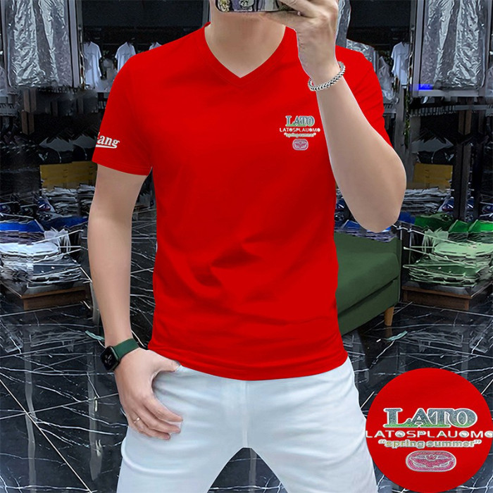 2025 NEW Men's V-Neck Short Sleeve T-Shirt Mercerized Cotton Colorful Letter Heart Neck Summer Men's