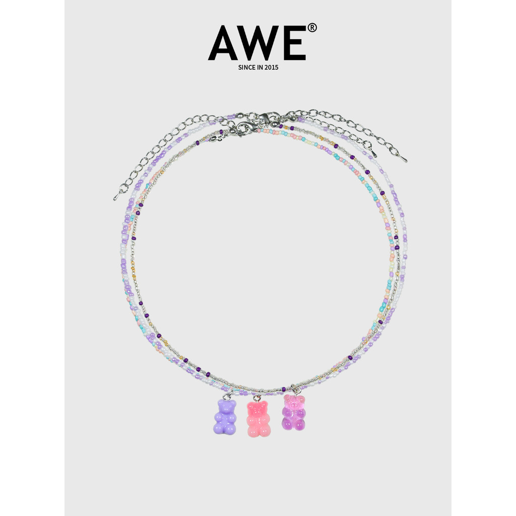 AWE สร้อยคอน่ารักดีไซน์หมี มีลูกปัดสีสันสดใส  сочета้ได้ทั้งเสื้อหนาวและเสื้อลายต่างๆ