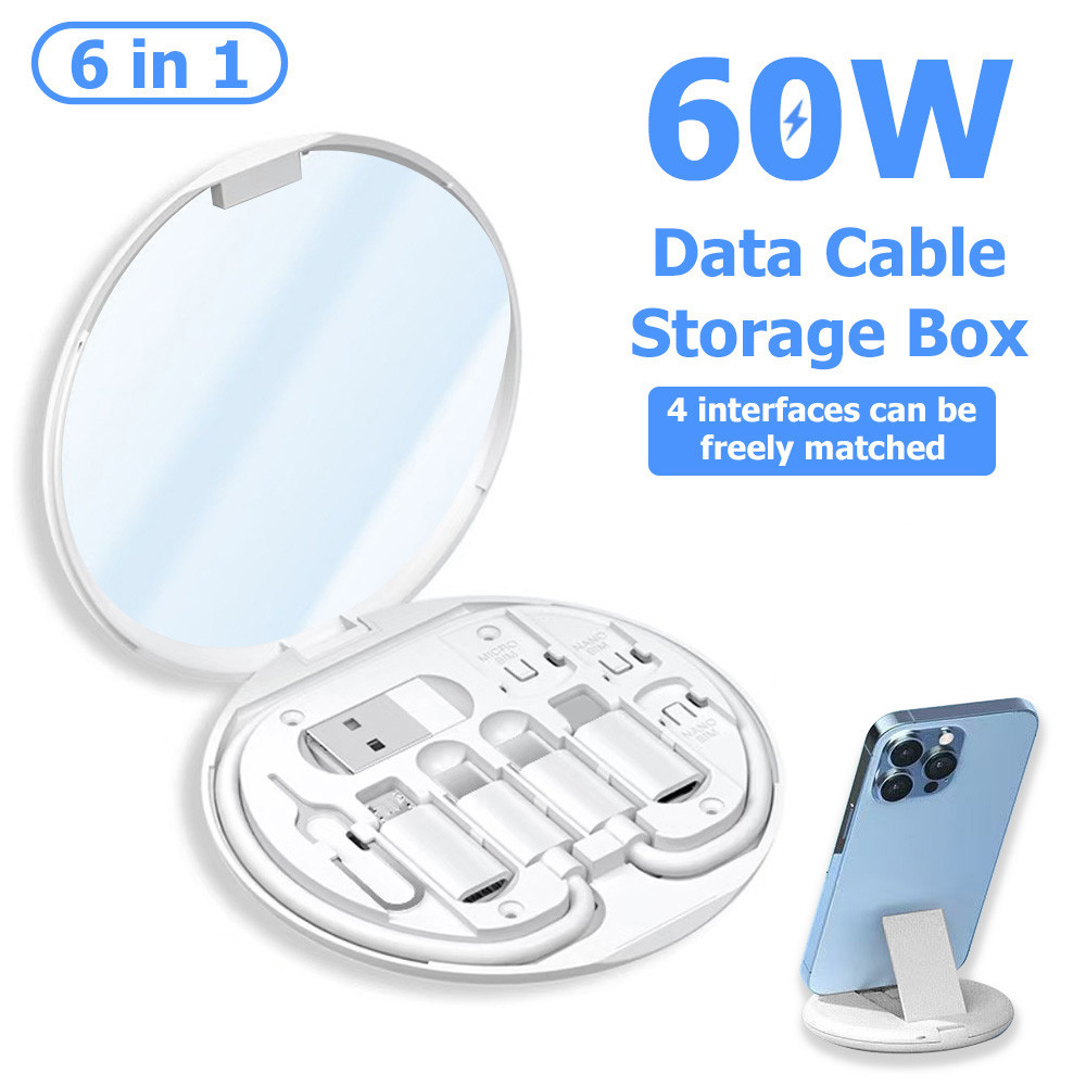 6 in 1 สายเคเบิลข้อมูลมัลติฟังก์ชั่นสําหรับ USB-AB-C 60W PD Fast Charge ที่วางโทรศัพท์มือถือสายชาร์จ ขนาดพกพา