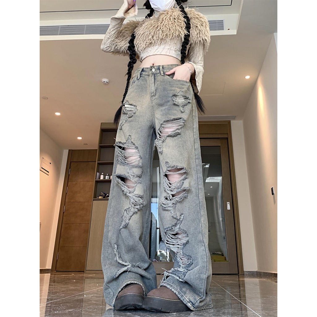 YODO การออกแบบพิเศษวินเทจกางเกงยีนส์ขาดทำเก่าล้างน้ำ Street style #6637