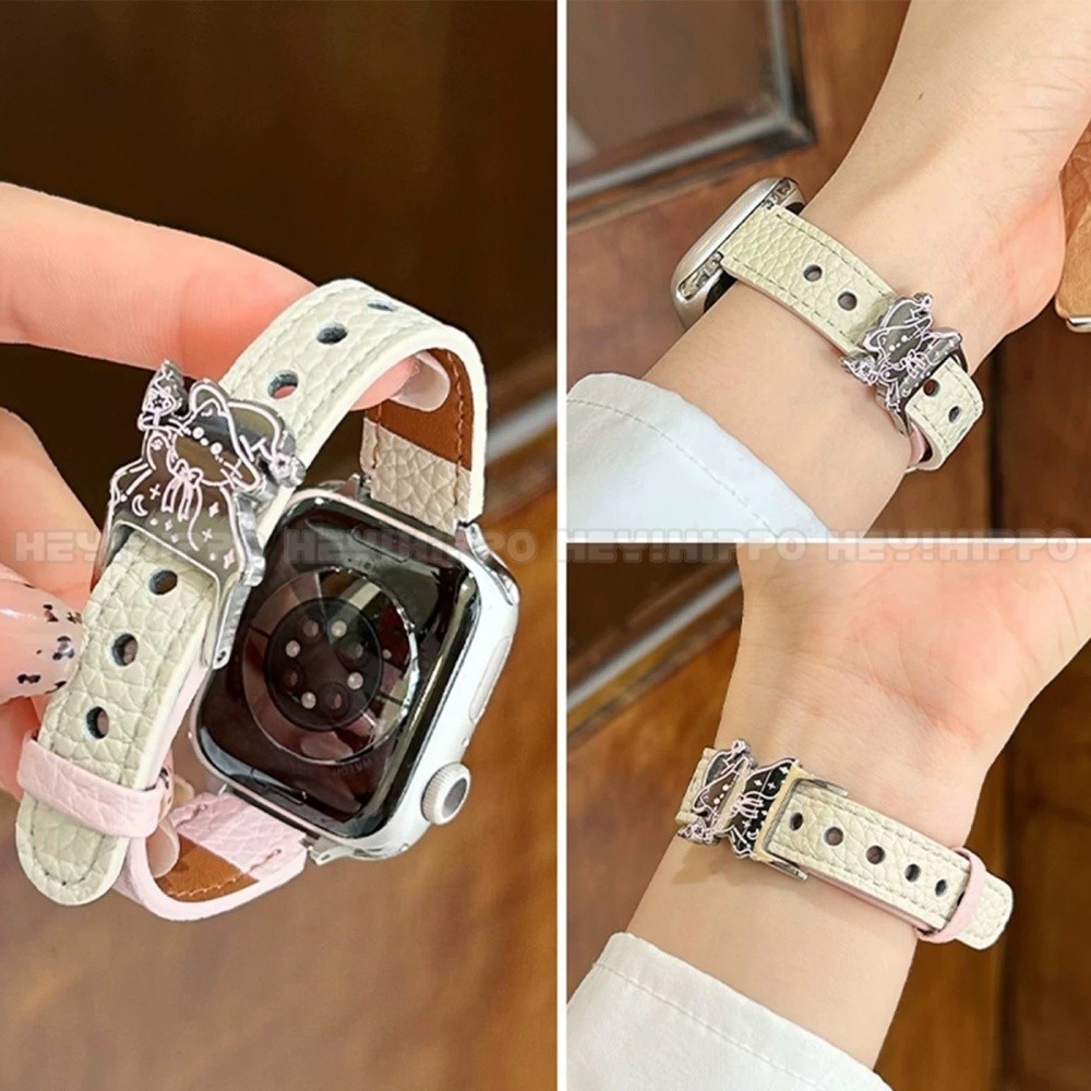 สายหนัง Magic Cat เหมาะสําหรับ iWatch 11/SE 3/10/9/8/7/6/5/4/3/2/1 ลายลิ้นจี่เหมาะสําหรับ 49/46/45/44/42/41/40/38 มม.