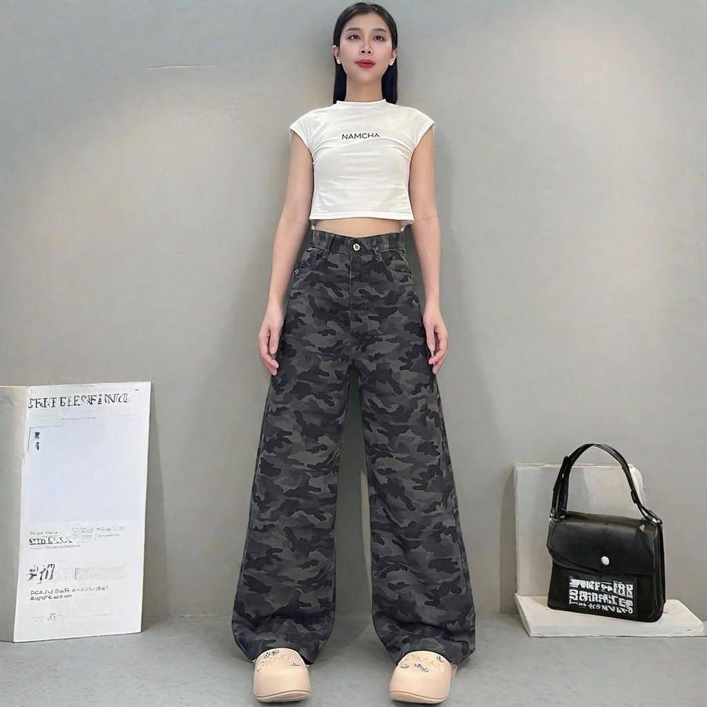 NAMCHA กางเกงยีนส์ กางเกงยีนส์กระบอกใหญ่ ลายทหาร #NA-6657