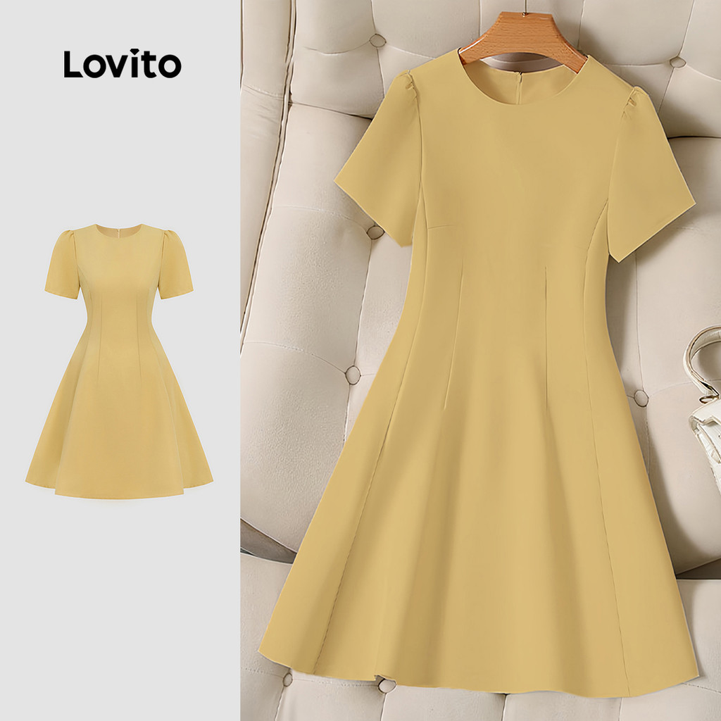 (NEW) Lovito โครงสร้างชุดหรูหรา กระเป๋าซิปรูดรูดในฤดูใบไม้ผลิ/ฤดูร้อน ชุดสีเหลือง L155AD261