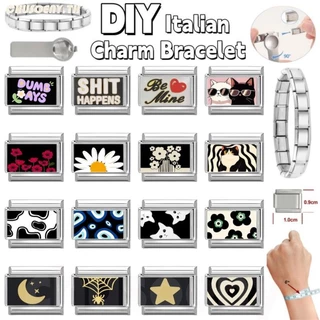สร้อยข้อมืออิตาเลียนสีดำ พิมพ์ลาย Charm แบบดอกไม้และผีเสื้อ ขนาด 9 มม. เพื่อการประดิษฐ์เองในสไตล์เรโทร