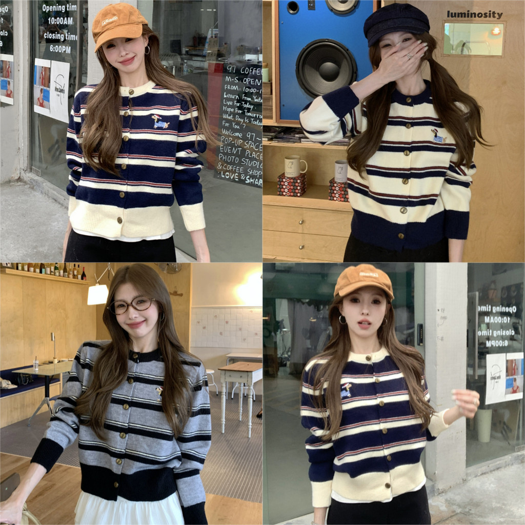 💖Miqi💖เสื้อไหมพรม ลายทาง แขนยาว คอกลม กระดุม ผ้าใส่สบาย สำหรับผู้หญิง สไตล์เกาหลี น่ารัก#Z-F111