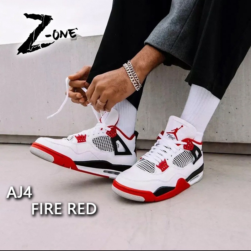รองเท้าบาสเก็ตบอล AJ4 "Fire Red" ของแท้ 100% รองเท้าผ้าใบสําหรับผู้ชายผู้หญิงพร้อมกล่อง