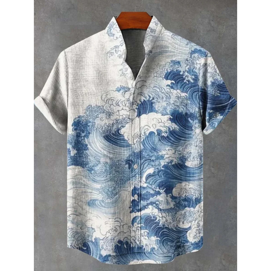 เสื้อเชิ้ตผู้ชายลายสวยงามสำหรับฤดูร้อน ทำจากผ้าลินิน สไตล์แขนสั้นในแบบเสื้อฮาวาย