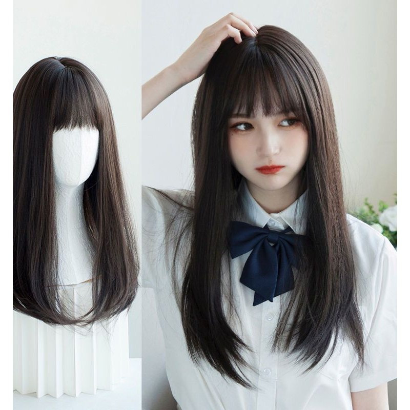 XINPIN*Women's Wig with Air Bangs, Medium Length Straight Hair lolita Medium-Length Straight Hair Fu