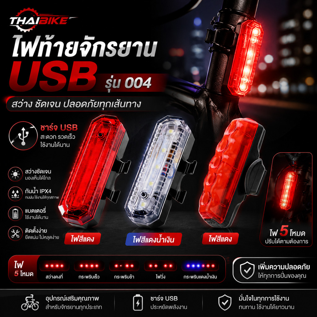 ไฟท้ายจักรยานชาร์จ USB THAIBIKE 004 ไฟสีแดง ไฟสีแดงน้ำเงิน