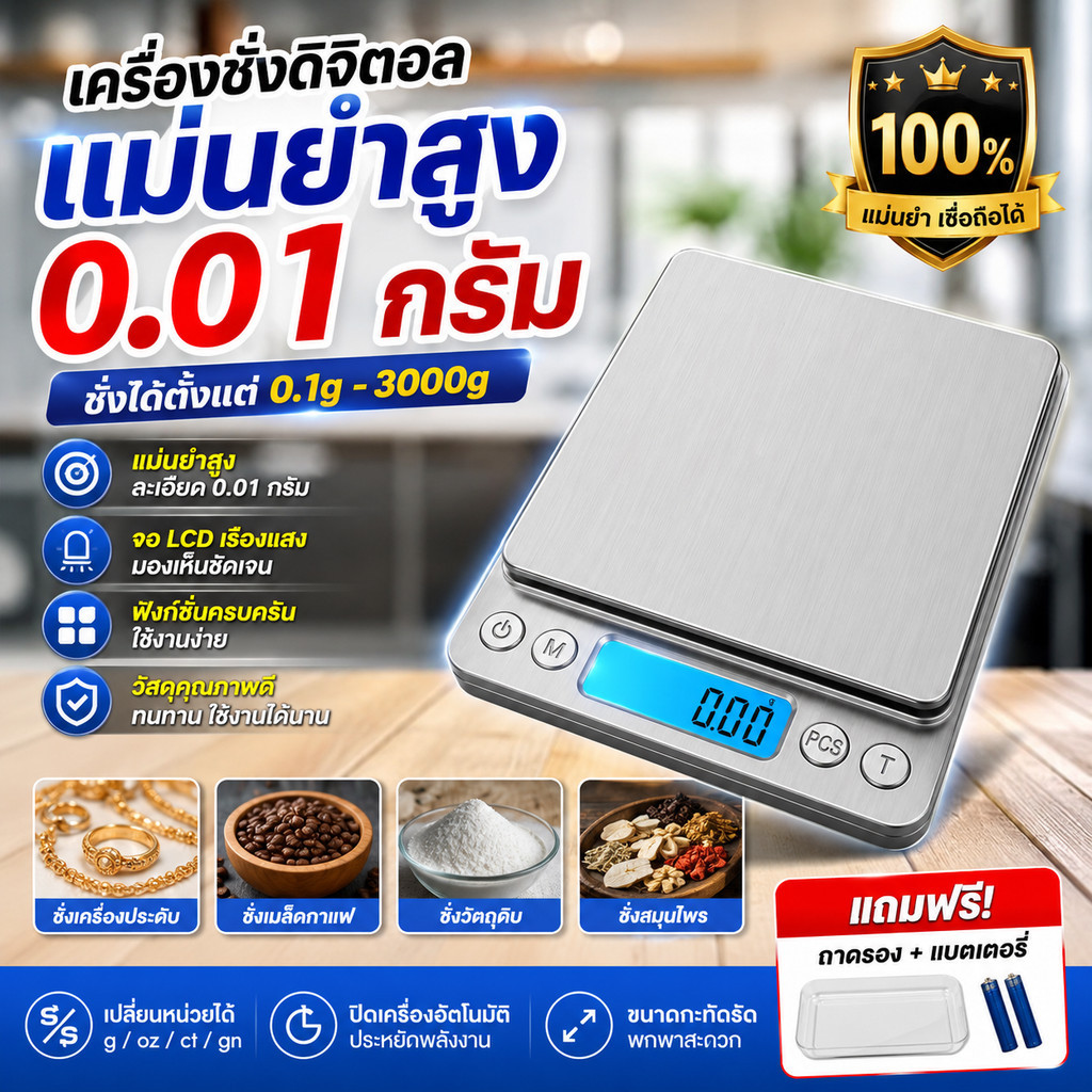 ☕รับประกัน 10 ปี☕ ระดับไฮเอนด์ เครื่องชั่งดิจิตอล เครื่องชั่ง เครื่องชั่งสแตนเลส ความละเอียดสูง ขนาดเล็ก แม่นยำถึง 0.01g