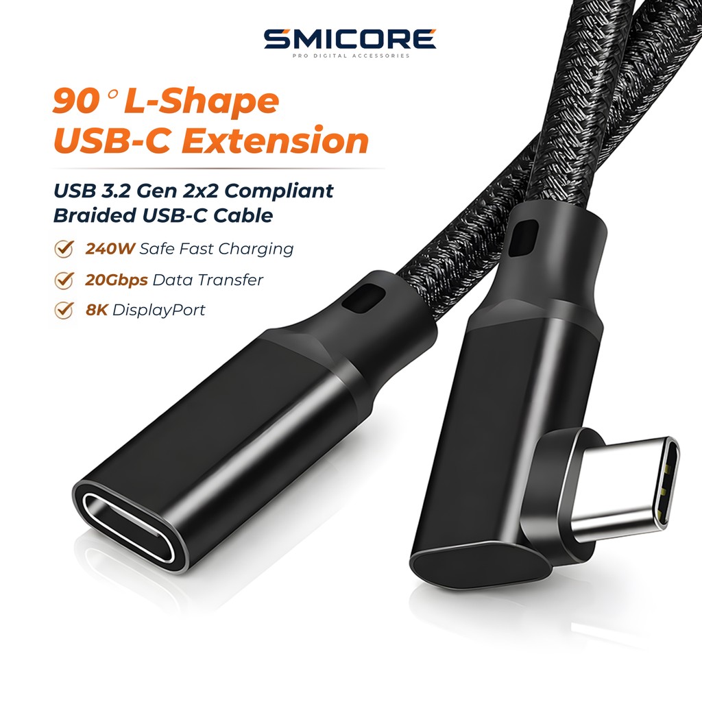 สายต่อขยาย Type-C 90° L-Shape C ชาย → C หญิง 20Gbps USB3.2 Gen2x2 PD 240W รองรับ 8K สำหรับ มือถือ โน้ตบุ๊ก Dock