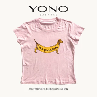(พร้อมส่ง24ชม.) baby tee สีเบจ ลายหมาดัชชุนตัวอักษร good luck ฟีลวินเทจขี้เล่น ทรงเข้ารูป ใส่ชิคทุกวัน