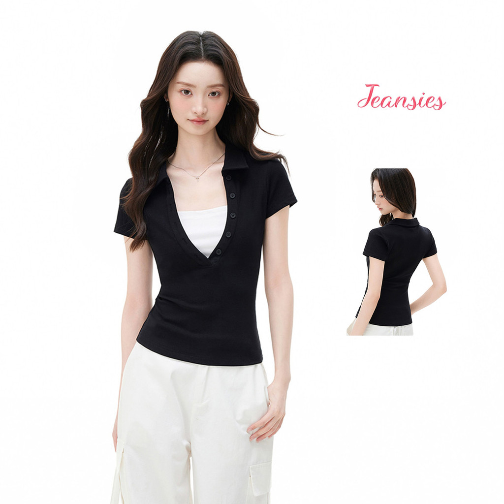 เสื้อโปโลคอวีผู้หญิง คอปกวี  เนื้อผ้าดี ระบายอากาศดีเยี่ยม