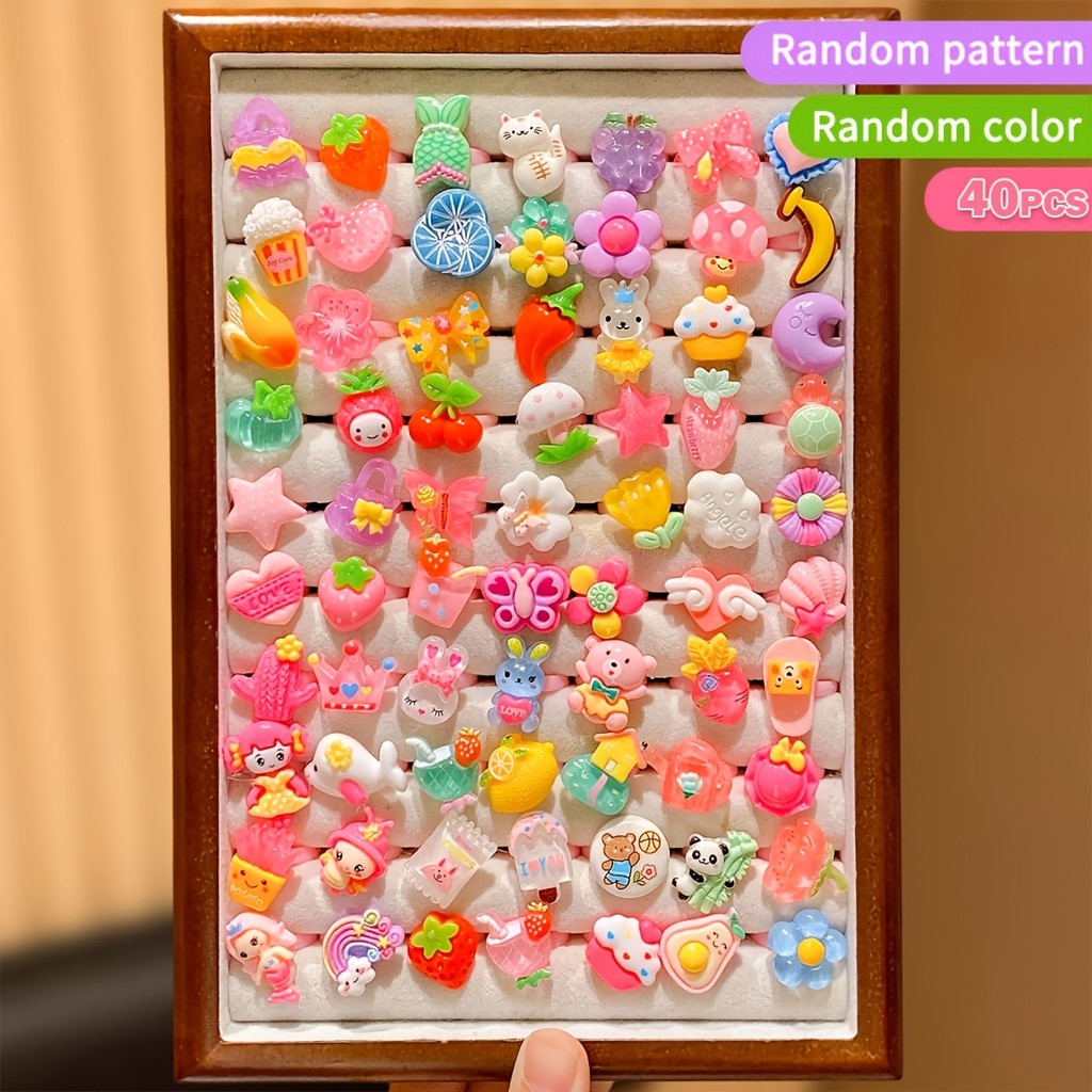 40 ชิ้นสุ่มการ์ตูนเรซิ่นแหวน, การออกแบบผลไม้และสัตว์, ของขวัญและเครื่องประดับปาร์ตี้น่ารักสําหรับเด็กผู้หญิง