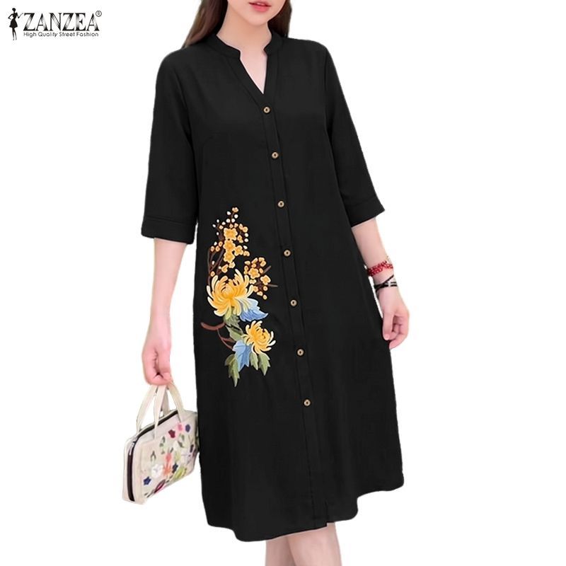 ZANZEA ผู้หญิงเกาหลีวินเทจลําลองขาตั้ง V คอ 3/4 แขนเดี่ยวปักพิมพ์ A-Line Shirtdress