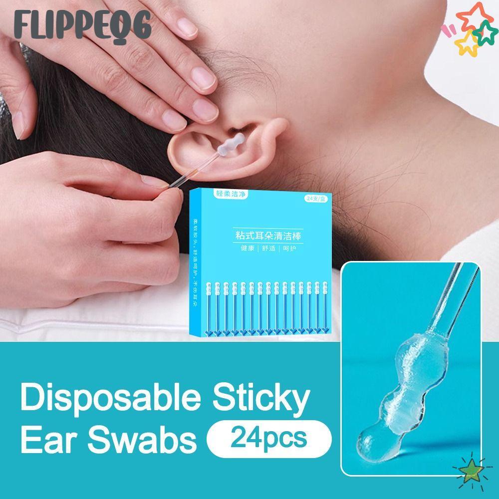 FLIPPEQ6 24 ชิ้น/กล่องทิ้งหู Swabs, ซิลิโคนนุ่มเหนียวหู Swabs, ทําความสะอาดหู Sticky Earwax Remover Stick ผู้ใหญ่